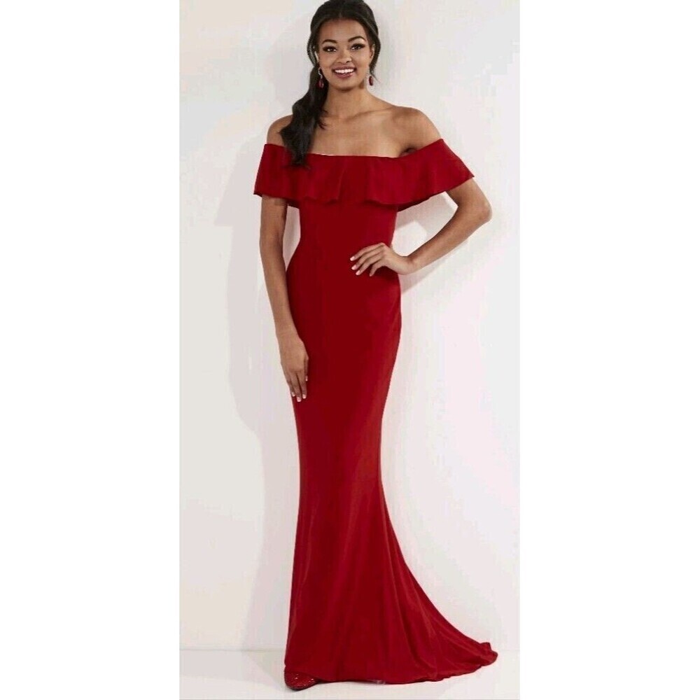 Studio 17 Formal Evening Dress Size 4 Red Off Shoulder Tulip Skirt Style 12727